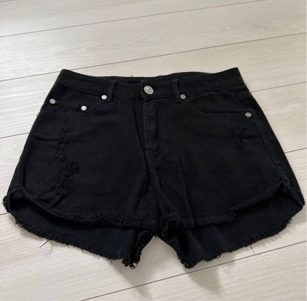 (33)◎ブラック デニムショートパンツ (綿100%)デニムハーフパンツ◎衣料品◎