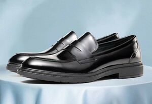 NEW♪ メンズビジネスシューズ 紳士靴 ペニー コインローファー 本革 レザー ヨーロピアン Uチップ♪ ブラック SE24.5cm