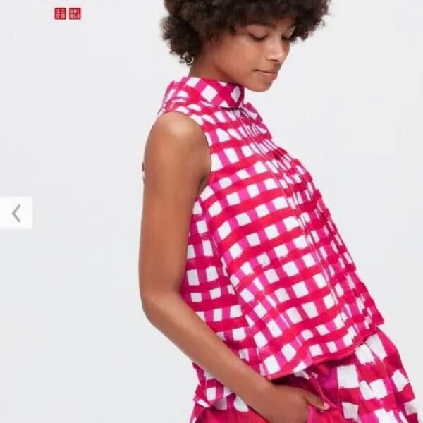 ユニクロ マルニ チェック ノースリーブ タックブラウス XLレッド系 UNIQLO MARNI カットソー レディース