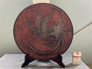 特大！45cm　蒟醤 鳳凰図 キンマ　丸盆/飾り盆/大盆　陽山 作　昇寿園/共箱　讃岐漆器▼讃岐漆芸茶道具民芸品