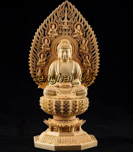 極上◆美品 注目モデル！ 総檜材　仏教工芸品　木彫仏教　精密彫刻　阿弥陀如来座像 高さ28cm U201