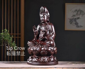 木彫り 観音菩薩座像 黒檀木 仏教美術 精密細工 仏像 置物