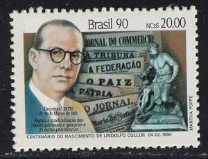 ブラジル切手　新聞　ジャーナリスト　ジャーナリズム　彫像・彫刻　L.Collor生誕100年記念　1990