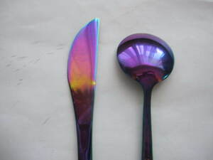 新品　未使用　オーロラカラー　カトラリー　ミニスプーン　ナイフ　2種類セット　虹色　スプーン