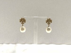 ■【YS-1】 状態良好 ■ トリーバーチ TORY BURCH ピアス ■ GP ゴールド系 × ホワイト系 全長2.5cm 【同梱可能商品】■D