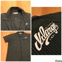 良品☆エクストララージ　サイズXL 半袖ストライプ柄ワークシャツ・背BIGロゴ入&両面マーク入 L.A.XLARGE1991 グリーン緑 ビンテージ猫目釦_画像9