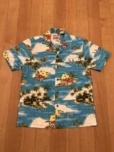 良品☆HAWAII.USA製／RJC サイズM大き目.日本L〜並?・半袖アロハシャツ ハワイアンリゾート総柄・ヨット&椰子の木&鳥.海.風景 開襟オープン_画像2