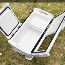 釣り用クーラーボックス 大容量 大型48L 座れる頑丈マッスルボディ 防水 サイドハンドル キャスター付 釣り 保冷力150h 水栓付き 白&黒_画像3