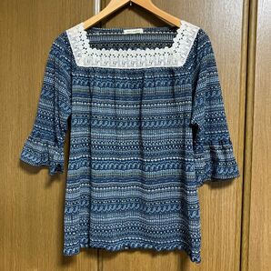 navy natural トップス 七分袖 紺ペイズリー柄 L カットソー ブラウス