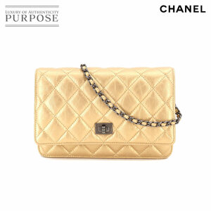 新品同様 シャネル CHANEL 2.55 チェーン ウォレット 長財布 レザー ゴールド ヴィンテージシルバー 金具 90202074