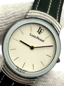 【電池切れ/ベルト難あり】Louis Feraud ルイフェロー クォーツ 腕時計 アイボリー文字盤 ラウンド グリーンレザーベルト レディース