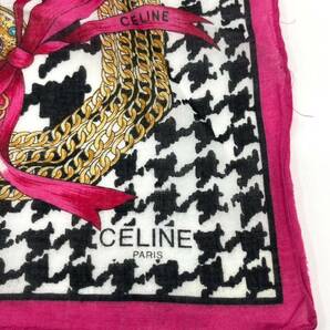 CELINE セリーヌ ハンカチ バンダナ ピンク×ブラック×ホワイト 千鳥柄 チェーン柄 リボン柄 W48 H48の画像2