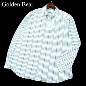 【新品 未使用】 Golden Bear ゴールデンベア 通年 ロゴ刺繍★ 接触冷感 長袖 マルチストライプ シャツ Sz.M　メンズ 青系　A3T09688_8#C