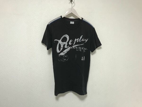 本物リプレイREPLAYコットンプリント半袖Tシャツメンズサーフアメカジミリタリービジネススーツ黒ブラックM