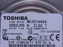 △F/366●東芝 TOSHIBA☆2.5インチHDD(ハードディスク)☆250GB SATA300 5400rpm☆MK2576GSX☆中古品_画像2