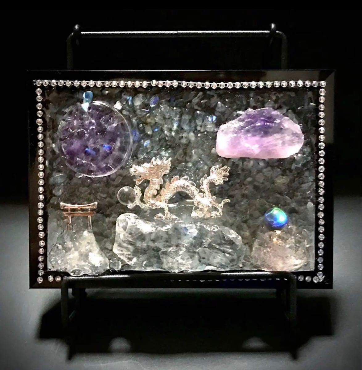 ◇Mysterious night◇Dragon grabbing a precious crystal◇Torii gate◇Full moon◇Labradorite◇Amethyst◇Crystal◇Picture frame◇, Handmade items, interior, miscellaneous goods, ornament, object