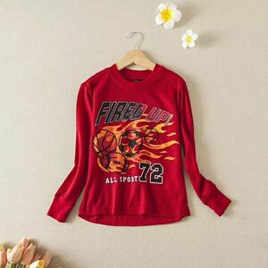 長袖Tシャツ6～7歳赤プリント丸襟カットソー