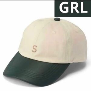 GRL グレイル　ツイル　レザー　ロゴ刺繍　バイカラー　キャップ　モスグリーン