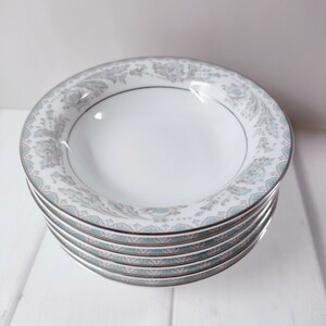 ST6] NORITAKE　CHINA　小皿　６枚　セット　銀縁　BELMONT USデザイン　花柄　陶器　皿　食器　ノリタケ　白　水色　グレー