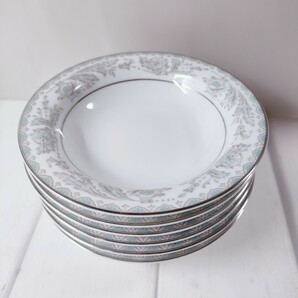 ST6] NORITAKE CHINA 小皿 ６枚 セット 銀縁 BELMONT USデザイン 花柄 陶器 皿 食器 ノリタケ 白 水色 グレーの画像1