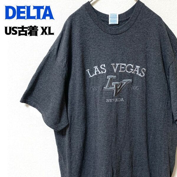 US古着 DELTA デルタ 半袖Tシャツ ラスベガス 刺繍ロゴ ゆるだぼ XL グレー ヴィンテージ