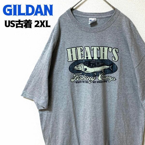 US古着 GILDAN ギルダン 半袖Tシャツ ゆるだぼ 2XL 魚 マス プリント グレー 釣り