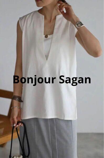 新品未使用　Bonjour Sagan スキッパーノースリブラウス　white