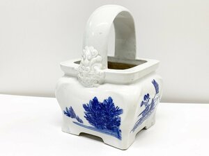 白磁 染付 火鉢 手あぶり 取っ手付き 花器 陶器 陶磁器 骨董品 時代物 アンティーク 古美術