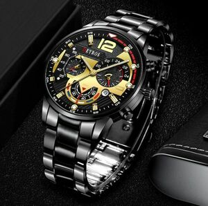 T402 新品 DEYROS クロノグラフ 腕時計メンズ ラグジュアリーステンレス 黒/金