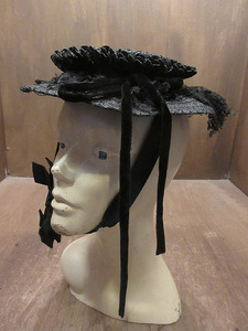  Vintage ~30's* lady's race attaching straw hat black *230806i3-w-ht-str head dress hat wheat .. black 20s antique 