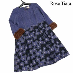 Rose Tiara ローズティアラ レーザーカット デニムライク♪ 袖ファー フラワー ワンピース Sz.42　レディース 大きいサイズ　K3T00192_8#F