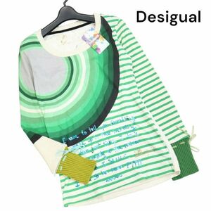 【新品 未使用】 Desigual デシグアル 通年 プリント ボーダー デザイン♪ 長袖 ニット切替 カットソー Sz.M　レディース　K3T00223_8#L