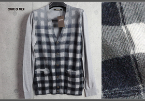  new goods Comme Ca men [14 gauge wool 100%] gradation check knitted cardigan L ash regular price 2.4 ten thousand jpy /COMME CA MEN