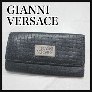 ☆GIANNI VERSACE☆ ジャンニヴェルサーチ キーケース 4連 ブラック 黒 レザー 本革 編み込みデザイン メンズ 男性 紳士 送料無料