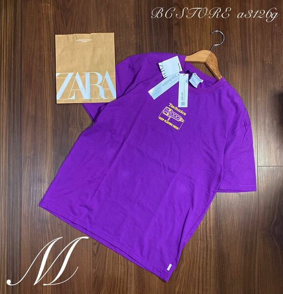 新品 ZARA Technics プリントTシャツ Mサイズ PURPLE メンズ ザラ テクニクス トップス 半袖 タグ付き