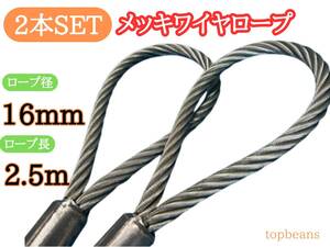 特別特価! メッキ16mm/2.5m 2本セット※3万円以上送料無料！台付け用ワイヤーロープ ロック加工 長期在庫品　安心安全　未使用品　国内加工