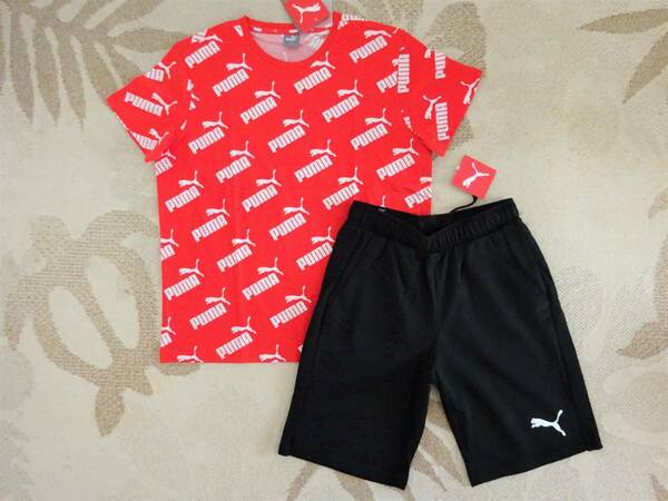 新品★PUMAプーマ★150★大人気の総柄!!Tシャツ(レッド)・ハーフパンツ(ブラック)★赤/黒★上下★赤/黒★即決★ラスト1点