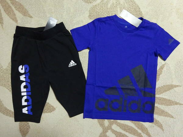 送料込み!! 新品 adidasアディダス 130 大人気のビッグロゴ!! 半袖Ｔシャツ ブルー青・軽量スウェットハーフパンツ(黒) 上下 即決