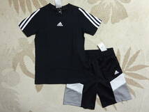 送料込み!!★新品★adidasアディダス★140★半袖Ｔシャツ(ブラック/黒)・快適素材!!ジャージハーフパンツ(黒/グレー/白)★上下★即決_画像1