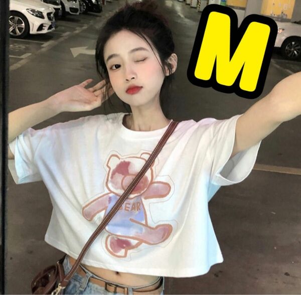 クマのプリントがかわいいヘソだしセクシー Tシャツ韓国ファッション