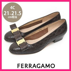 サルヴァトーレフェラガモ Salvatore Ferragamo ヴァラリボン 型押し パンプス ブラウン×ゴールド金具 茶 4C(約21-21.5cm) sh23-0455