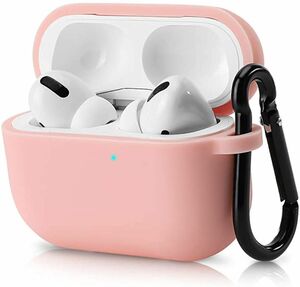 AirPods Proケース、耐久性のあるシリコン製ケース 連結式 、カラビナ 付き 耐衝撃 二重衝撃保護 落下防止(ピンク) 