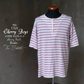 90s USA Cherry Boys CODE 5419-2-3 ヘンリーネック 白×チェリー・ピンク 半袖 ボーダーシャツ 表記M 実質L-XL