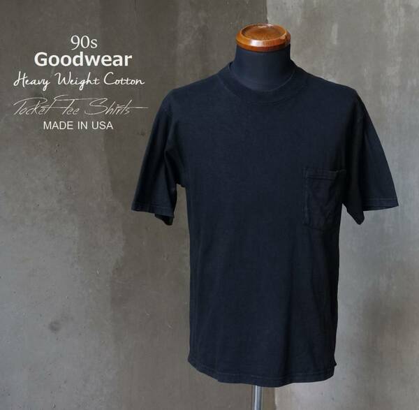 90s USA製 グッドウェア Goodwear 黒 ブラック ヘヴィーコットン 半袖 ポケットTシャツ M