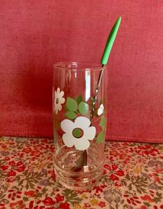 Showa Retro pop glass green × white flower glass tumbler retro antique screw screw spoon Sasaki glass rare fancy 