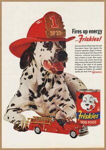 フリスキーズ ダルメシアン レトロミニポスター B5サイズ 複製広告 ◆ Friskiesドッグフード 犬 消防士 USAD5-167