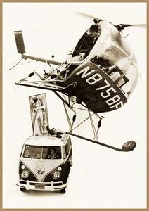 ワーゲンバス と ヘリコプター レトロミニポスター B5サイズ ◆ VW 複製広告 タイプ2 モノクロ USAD5-196