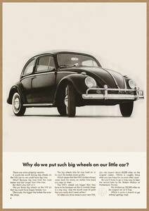 ワーゲン ビートル レトロミニポスター B5サイズ 複製広告 ◆ VW タイプ1 モノクロ どうして大きなタイヤをつけたの？ USAD5-198