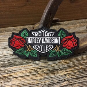 送料無料 ハーレー ロゴ & バラ 刺繍 ワッペン ◆ B＆S Harley HD パッチ 赤い薔薇 花 CAWP43