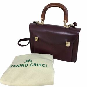 h032 本革 TANINO CRISCI タニノクリスチー レザー 2way ハンドバッグ 肩掛け バッグ 赤茶系 ボルドー ウッドハンドル 鞄 カバン bag